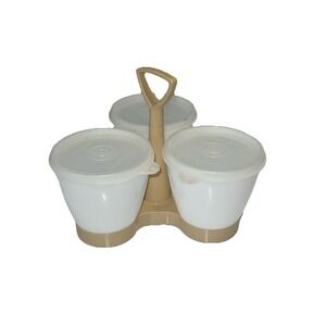 Vintage 80s Tupperware Tan Beige Almond‎ CONDIMENT CADDY SET with Lids #733 #757